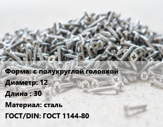 Шуруп с полукруглой головкой 12х30 сталь ГОСТ: ГОСТ 1144-80, кг, по запросу цена от 96.9 ₼ / кг, где купить, условия доставки в Баку и Бакинская области